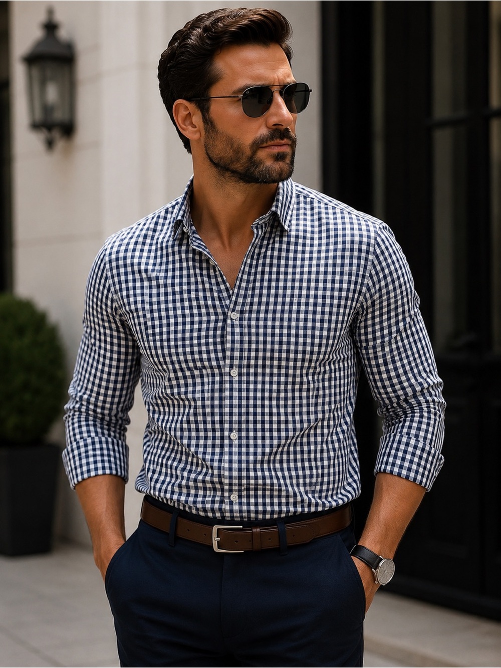 Bar III Slim Fit Stretch Shirt Blue White Check Button Down M 💙✨✨✨